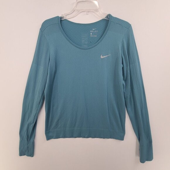 Nike Dri-Fit Women's Long Sleeve Infinity long sleeve t-shirt Pullover Top Blue - Picture 1 of 6